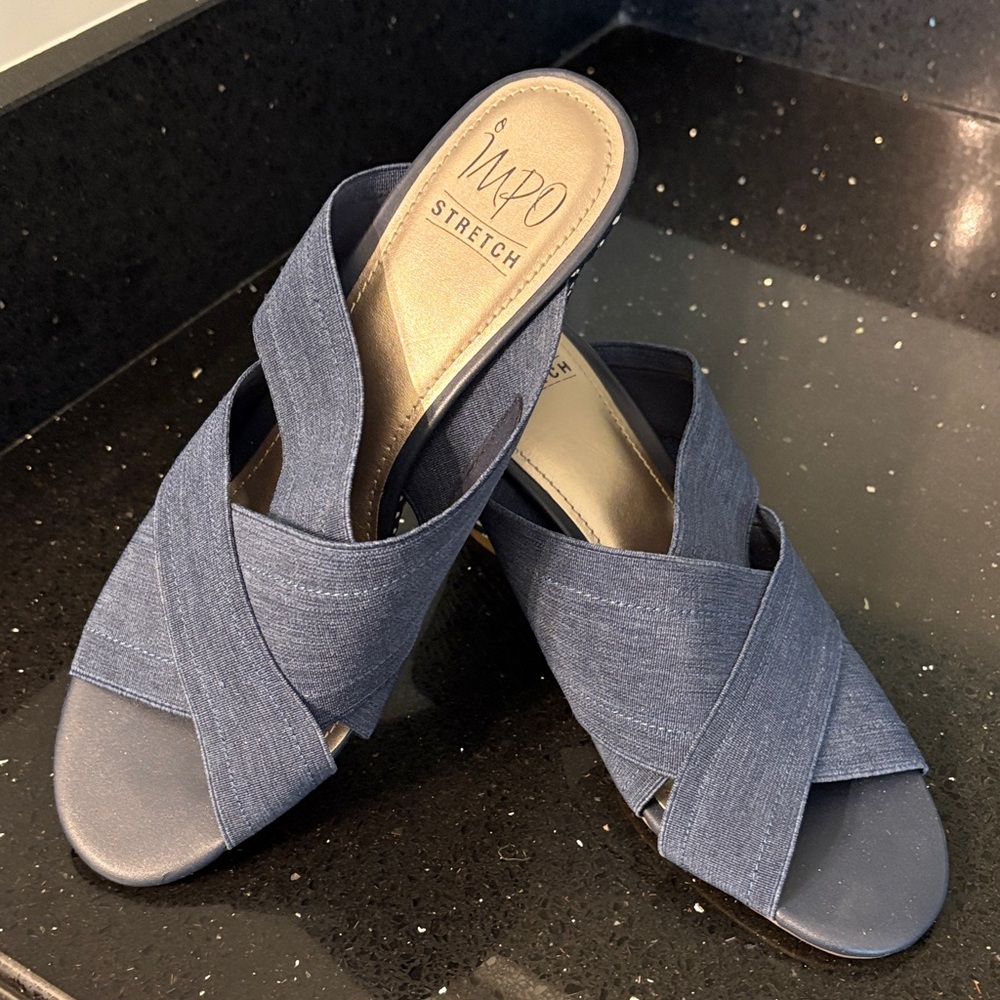 *Impo Denim Blue Stretch Wedges Sandals Mules Slides BOHO Beach Vacation - Picture 2 of 14